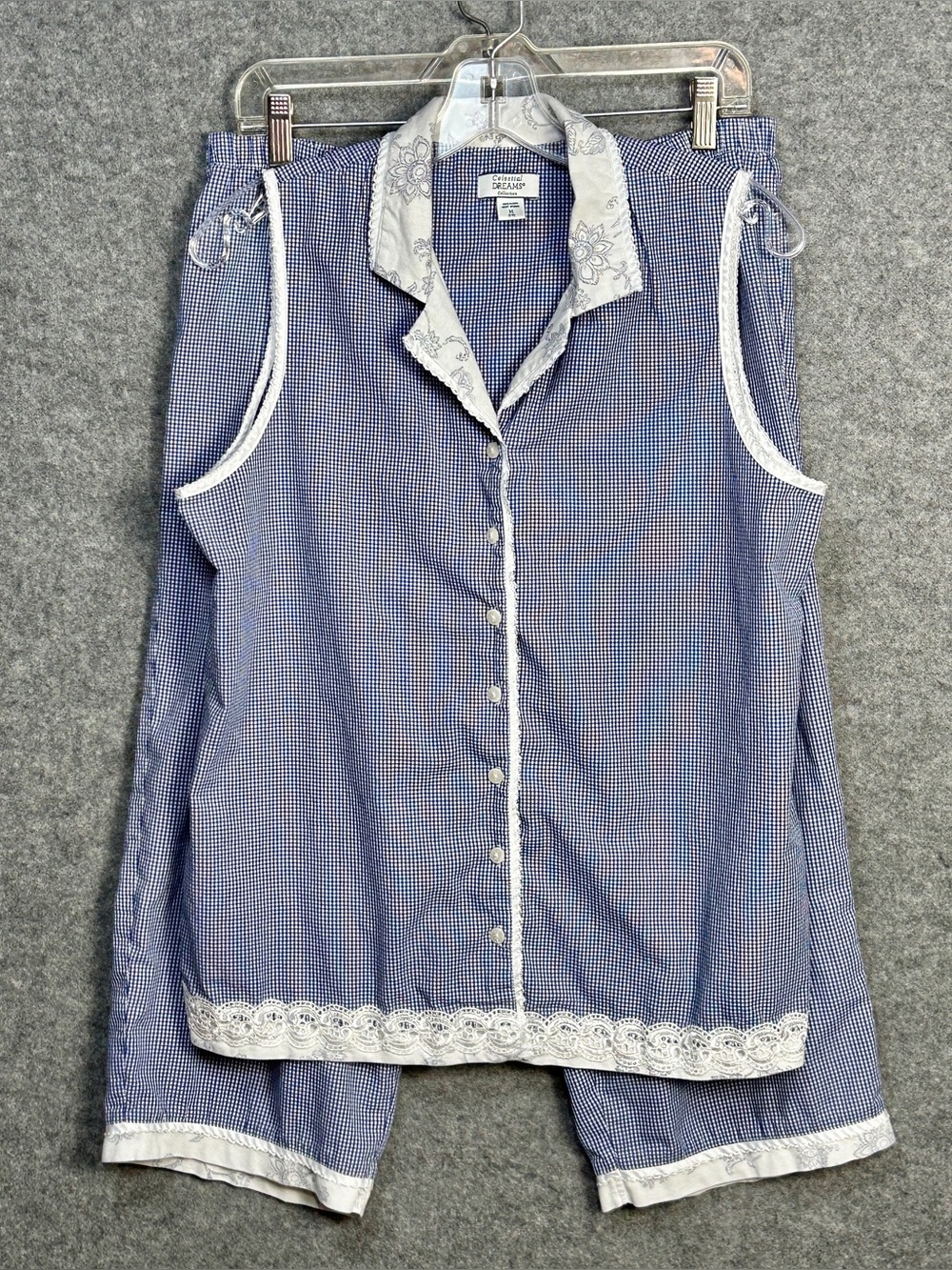 Celestial Dreams M Blue White Gingham PJ Lounge Set Sleeveless Top/Capri Pants